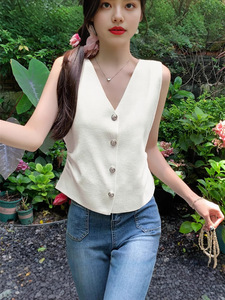 <span class=keywords><strong>Gilet</strong></span> tricoté sans manches à col <span class=keywords><strong>en</strong></span> V et simple boutonnage pour <span class=keywords><strong>femme</strong></span>, nouvelle collection été 2026, coupe ajustée, élégant, à porter <span class=keywords><strong>en</strong></span> extérieur - Product Image 3
