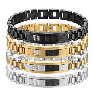 Correa de Reloj de Acero Inoxidable con Fibra de Carbono y Diamantes, 10 mm, Cierre Desplegable, Correa de Joyería de Lujo, Acero Dorado y Negro - Product Image 1
