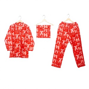Women's 100% Cotton <b>Bow</b> Printed Pajama Set Long Sleeve Full Length Soft Woven Winter Sleepwear Casual Turn-down Collar Elastic - Product Image 1