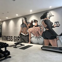 Papier peint mural personnalisé géométrique moderne pour salle de sport, illustration femme fitness, bleu électrique, effet graffiti, pour salle de sport commerciale