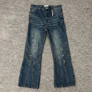 Jeans de marque de créateur 2026 pour hommes, décontractés, taille mi-haute, patchwork brodé, denim <span class=keywords><strong>bleu</strong></span> classique, coupe droite, OEM - Product Image 2