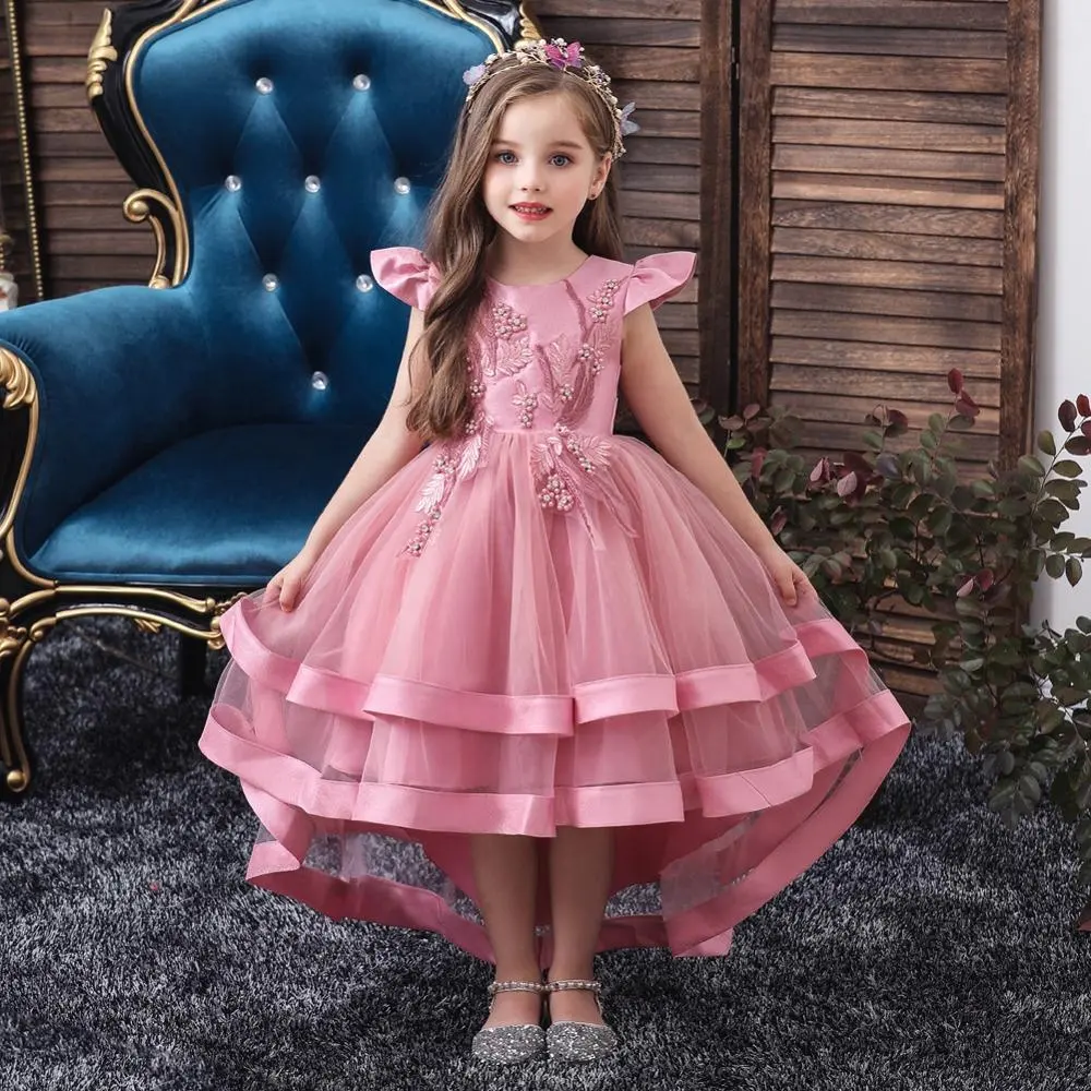 Little Princess Girls Dress for Wedding Birthday Party with Train Size 2-14 Years Hight Low Embroidery Bead Dress