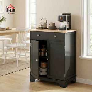 Armoire de rangement de cuisine en bois noir SENYU avec 2 tiroirs et 2 portes, chariot de bar à café pour salle à manger - Product Image 1