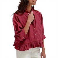 Robe chemise boutonnée rayée rouge pour femme, ourlet à volants, manches bouffantes, coupe droite, décontractée, en coton tissé, taille naturelle, simple, pour le quotidien
