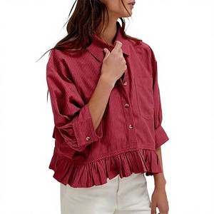 Women's Red Striped Button-Up Shirt Dress Ruffle Hem Puff Sleeve Regular Fit Casual Woven Cotton Natural Waist Simple Daily - Product Image 1