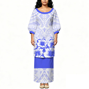 Tenue Puletasi deux pièces pour <span class=keywords><strong>femme</strong></span>, col bateau, manches courtes, imprimé tribal polynésien rouge et noir personnalisé et motif floral blanc, grande taille - Product Image 3