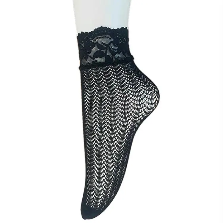 Factory supply high quality ankle women sexy fishnet lace kneehi black white short socks