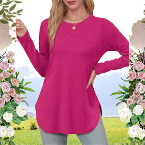 Chemise pour femme à taille ample en élasthanne/polyester, 100% tricotée, style basique, manches longues, fente latérale au niveau du cou, respirante, été - Product Image 3