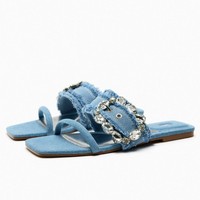 Nouvelles chaussures d'été élégantes pour femmes Sandales plates en denim décorées avec boucle Pantoufles de plage