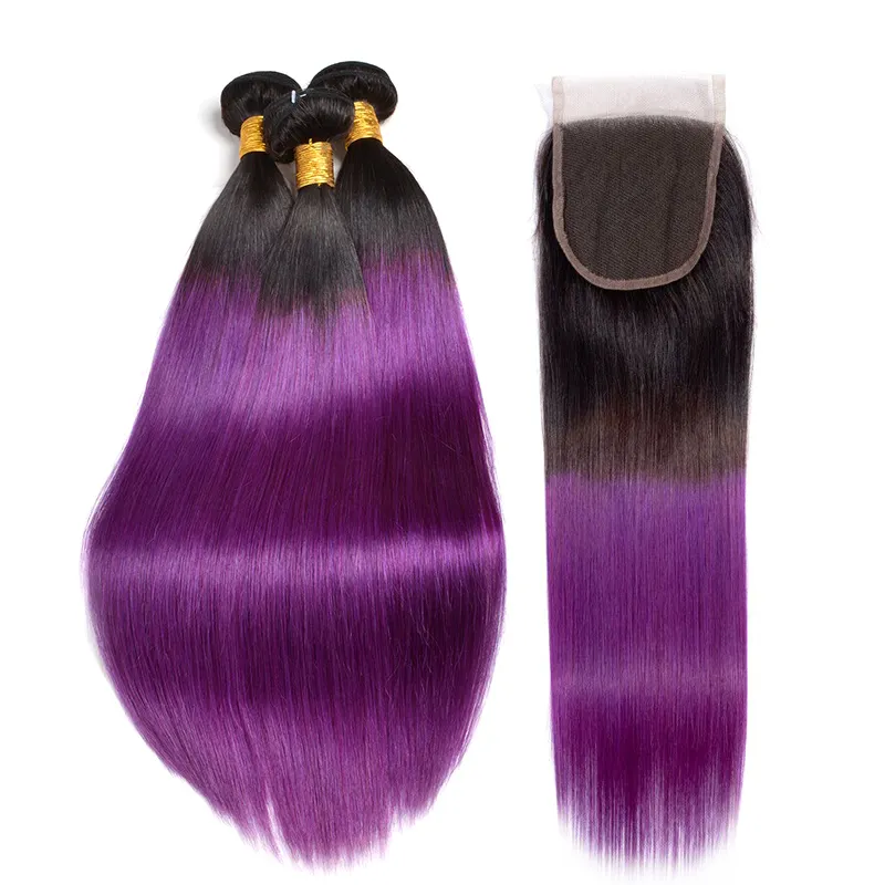 Ombre Human Hair Bundles With Closure 1B Purple 100% remy hair Bundles Brazilian Straight With Closure