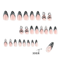 Faux Ongles Personnalisables en Gros - Ongles Stiletto Noirs et Blancs avec Dentelle et Nœud, à Pois et à Carreaux, Style Coquette Douce