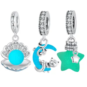 925 Sterling Silver Glow-in-the-dark Shell/Moon Cat/Star Wishing Bottle Pendant Luminous Ocean Charms for Bracelet DIY Jewelry