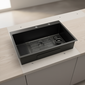 Évier de cuisine à cuve unique 33x22 pouces, à encastrer sous plan, noir canon de fusil, rectangulaire, à poser, facile à nettoyer, design contemporain - Product Image 2