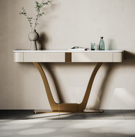 Table console moderne de luxe en marbre et métal doré, appartement, hôtel, salon, couloir, table d'entrée, meubles avec tiroir en bois
