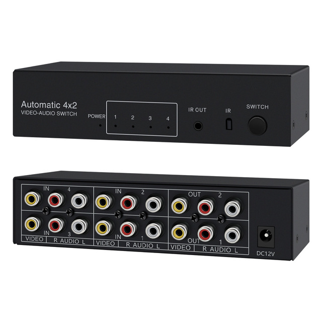 RCA Switch Splitter 4 in 2 Out - Composite Video L/R Audio Selector Box 4X2 4-Way RCA Switcher - 4 Port AV Splitter Selector Swi