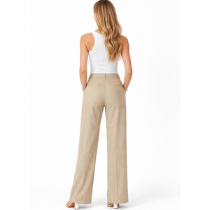 Pantalons longs en lin et coton mélangé <span class=keywords><strong>pour</strong></span> femmes, taille haute, décontractés, respirants, sur mesure, vente en gros, OEM, jambes droites, pantalons <span class=keywords><strong>de</strong></span> costume - Product Image 3