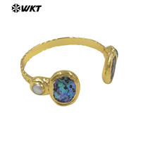 MPB138 Bracelet manchette de luxe plaqué or 18 carats avec coquillage naturel, pierre et perle, style bohème pour femme, idéal comme cadeau