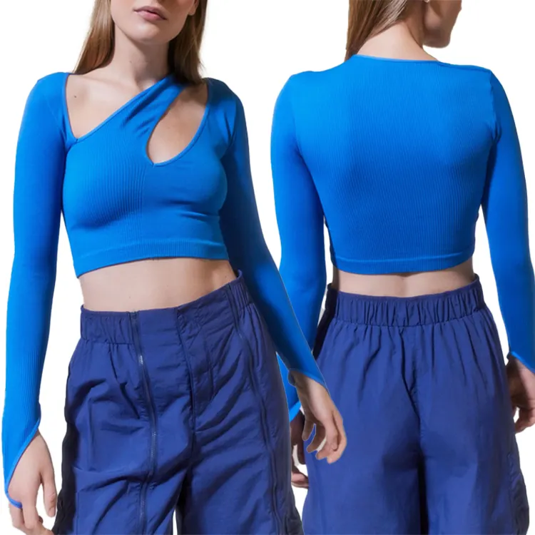 Undefinierte kunden spezifische Bekleidungs hersteller Skinny Cropped Tops Ausschnitt lange Ärmel gestrickt blau T-Shirt für Frauen
