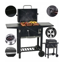 Barbecue à charbon de bois d'extérieur avec fumoir, thermomètre, tables latérales et roues pour jardin et terrasse