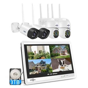 Hiseeu kamera keamanan PTZ nirkabel 5MP, sistem CCTV nirkabel dengan Monitor 12 inci 8CH NVR sistem CCTV PTZ WiFi warna luar ruangan