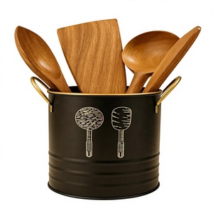 Porte-ustensiles cylindrique en métal noir avec cuillères et spatules pour le rangement de cuisine - Product Image 1