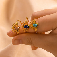 Bague ouverte en acier inoxydable plaqué or avec pierre naturelle turquoise en forme de soleil, bijou tendance pour femme, cadeau de mariage ou de fiançailles