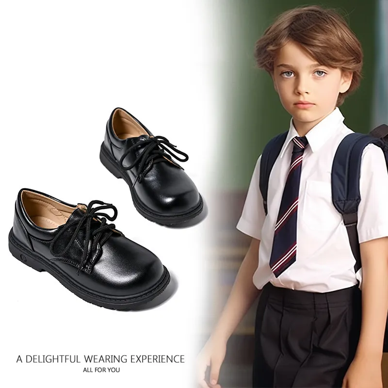 2024 새로운 블랙 소년 가죽 신발 부드러운 바닥 소년 영국 학생 성능 신발 야외 스트랩 학생 가죽 신발
