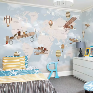 Papier peint pour enfants Garçons Filles Maternelle Chambre Fond d'écran Cartoon Avion Carte du monde Papier peint - Product Image 1