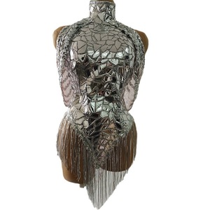 Costumes de scène pour bar de nuit, robes sexy en polyester miroir argenté pour danse latine Cha-Cha, kits pour chanteuses et artistes féminines adultes - Product Image 5