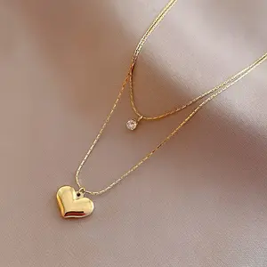 14K Golden Love Pendant Stainless Steel Necklace Female Ins Simple Heart-shaped Women Best Friend Necklaces Jewelry