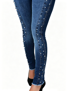 <span class=keywords><strong>Jean</strong></span> taille haute brodé de strass pour <span class=keywords><strong>femme</strong></span>, effet push-up et rehaussement des fesses, coupe skinny, extensible, personnalisable OEM - Product Image 6