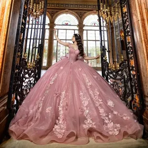 Rose hors épaule grand Train bal à plusieurs niveaux vestidos De <span class=keywords><strong>15</strong></span> formelle princesse fête robes de bal douce 16 robes De Quinceanera - Product Image 1