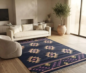 <b>Boho</b> Navy Blue Wool Jute Area <b>Rug</b> Southwestern Geometric Kilim Handwoven Tribal Farmhouse Living Room Woven Floor Carpet - Product Image 1