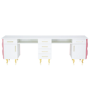 Barra de salón, escritorios de uñas Rosas y blancos, parte superior de madera, patas doradas, fácil de limpiar, estilo francés moderno, juego de mesa de manicura para el cuidado de las uñas - Product Image 4