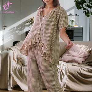 Loveda Wholesale New Arrival <strong>Women</strong> Summer <strong>Plaid</strong> Shirt and <strong>Trousers</strong> Suit Soft Casual Home Clothes - Product Image 5