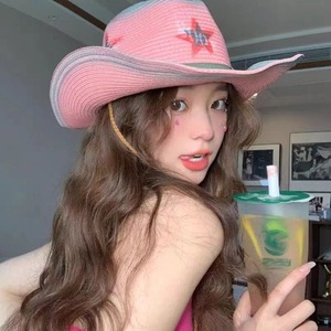 ฮายเถาหมวกคาวบอยฟางสีชมพู สีแดงแตงโม ฤดูร้อน หมวกป้องกันแสงแดดชายหาดสำหรับผู้หญิง สไตล์ลำลอง ผู้ใหญ่หญิง - Product Image 2