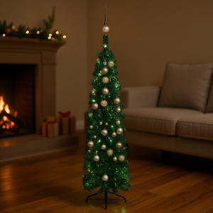 Sapin de Noël artificiel vert mince pré-éclairé de 59,1 pouces avec des boules décoratives pour décoration intérieure - Product Image 2
