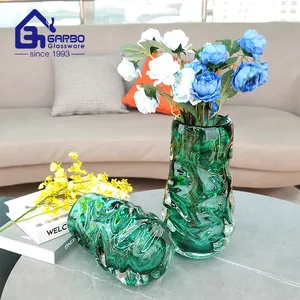 Proveedor de China, jarrón verde de jade con diseño de ola oceánica, hecho a mano jarrón de cristal de clase alta, artículo artístico de mesa para Decoración
