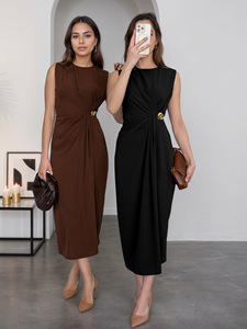 Vestido de Verano Nuevo para Mujer, Modesto, Elegante, de Oficina, Delgado, Versátil, Sólido, Maxi, de Cintura Alta, Línea A, Plisado, sin Mangas - Product Image 5