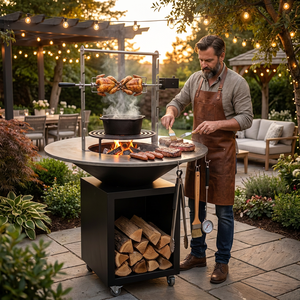 Parrilla Modular de Acero Corten Premium con Asador Giratorio Automático, Almacenamiento de Leña, Recolector de Cenizas y Olla para Cocinar - Product Image 1