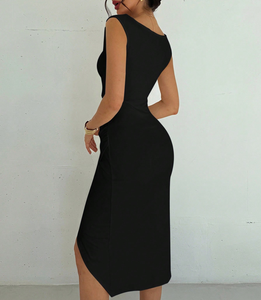 Elegante Abito Midi Nero Asimmetrico Monospalla con Drappeggio, Orlo a Tulipano e Spacco Alto per Cocktail Party e Occasioni Casual da Donna - Product Image 2