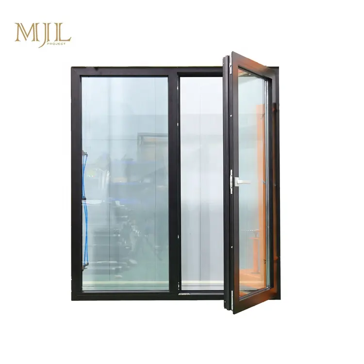 MJL ventanas de aluminio doble acristalamiento gran vidrio exterior a prueba de huracanes giro e inclinación ventana