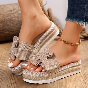 2025 <b>Summer</b> New <b>Wedge</b> Bow <b>Sandals</b> Women's Beach Thick-soled Hemp Rope Plus Size Slippers - Product Image 1