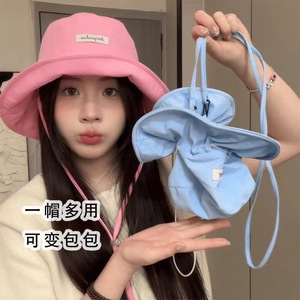 Convertible Bucket <b>Hat</b> For Women Sun Protection Foldable With Bag Function Spring <b>Summer</b> Outdoor Canvas <b>Hat</b> Pink Blue Green - Product Image 1