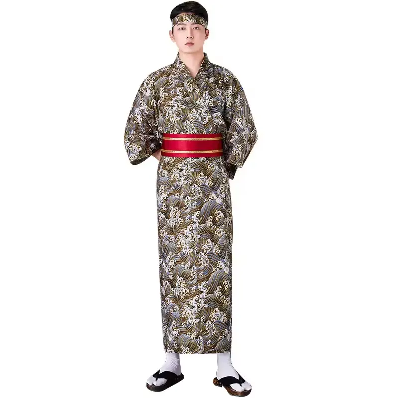 Best Selling Men's Japanese Traditional Kimono Robe Long Sleeve Spa Bathrobe Easy Wearing Yukata Sleepwear