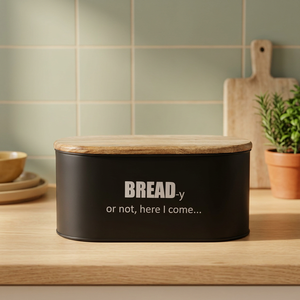 Black Metal <b>Bread</b> Bin with <b>Wooden</b> Lid Airtight Moisture Proof Kitchen Food Storage Container - Product Image 2