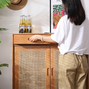 Nordic Japanese Minimalist Solid Wood <b>Shoe</b> Cabinet Cherry Wood Rattan <b>Storage</b> Entryway Living Room Cabinet - Product Image 2