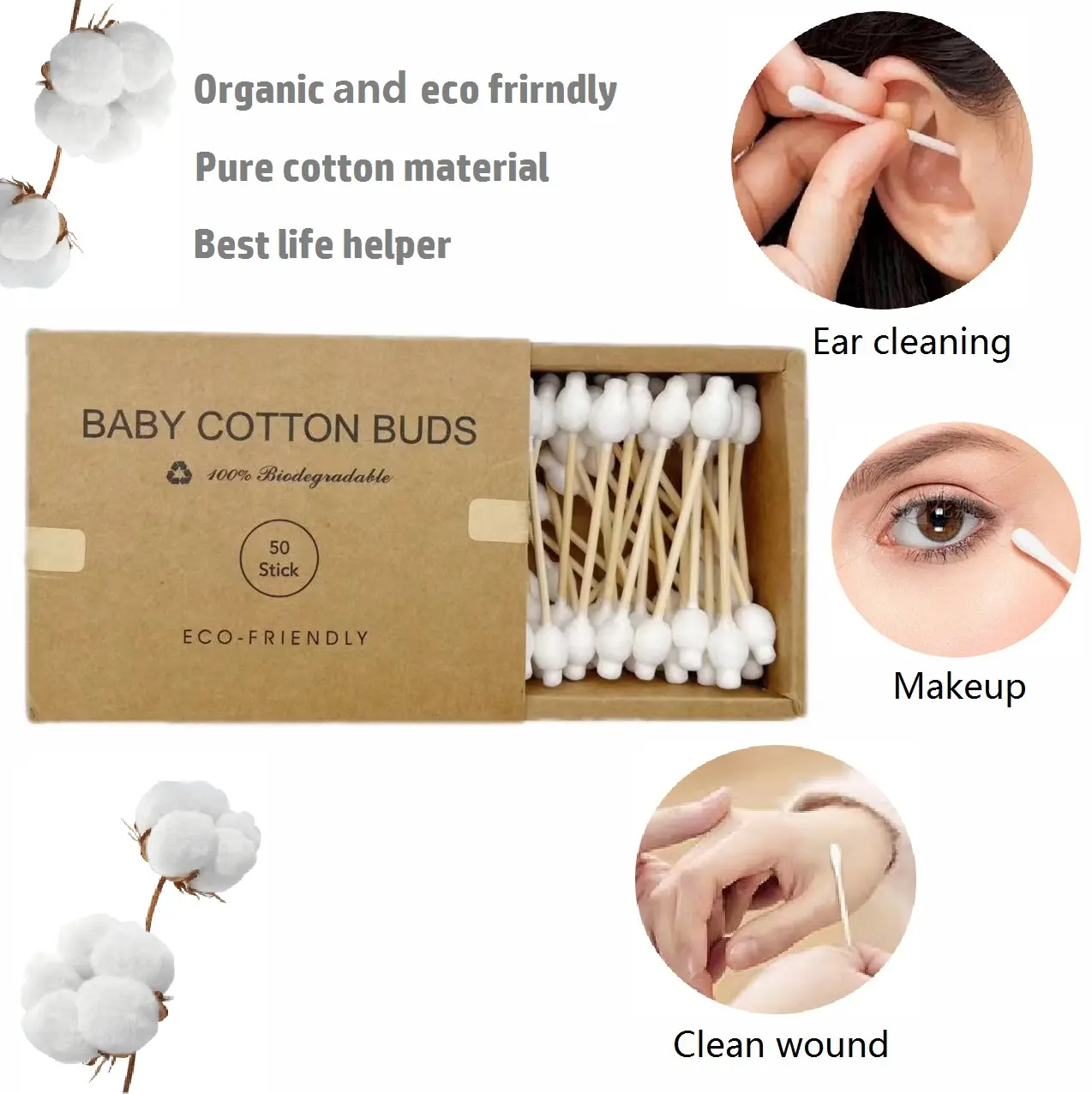 Wholesale Customized Brand Double Head Cotton Swabs Bamboo Sticks Cotton Ear Buds 100 pieces q tips for Daily Use