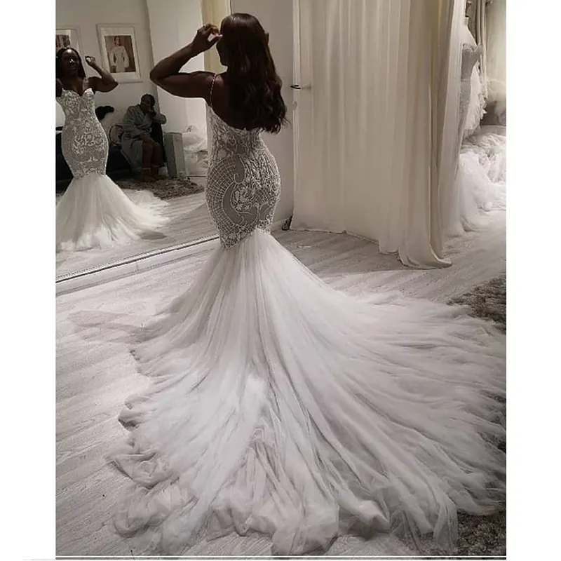 Stunning Spaghetti Strap V neck Lace applique mermaid wedding dress bridal gown