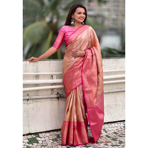 ผ้าไหมเลเฮริยาแบบนุ่มพิเศษ ลายพีช คันจิวารัม ทอแบบดั้งเดิมด้วยด้ายซารี สำหรับชุดอินเดียและปากีสถาน - Product Image 6